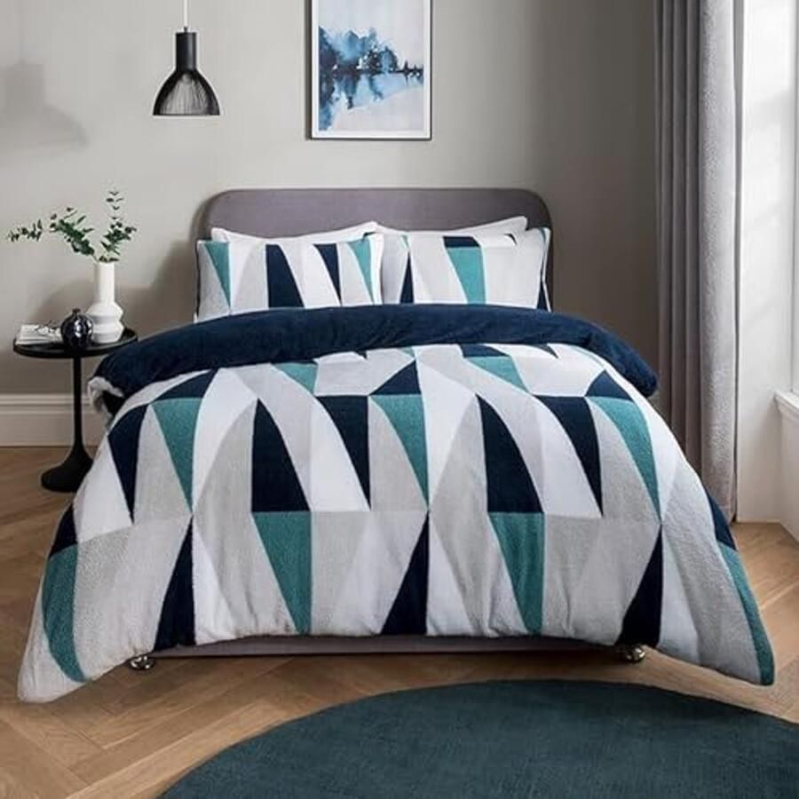 Omkeerbaar Teddyfleece Beddengoedset voor Super Kingsize Bed Marineblauw & Zink