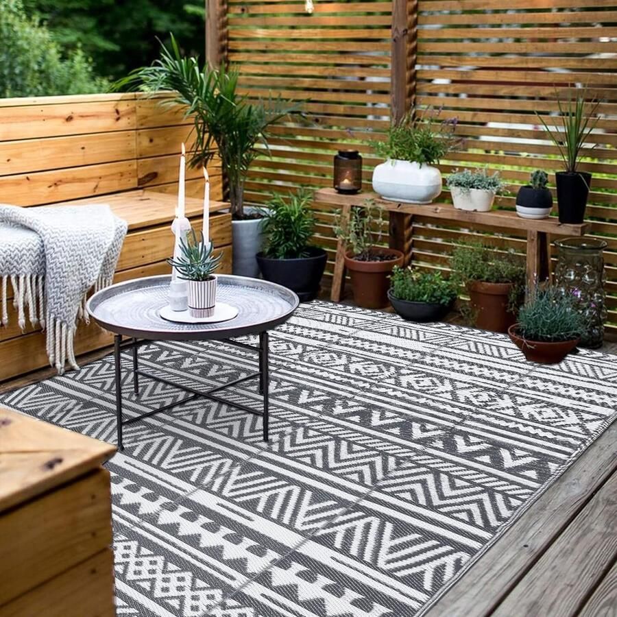 Omkeerbaar vloerkleed voor binnen en buiten 150 x 240 cm kunststof strotapijt campermat campingtapijten blauw grote vloermat en tapijt voor buiten achtertuin terras picknick strand