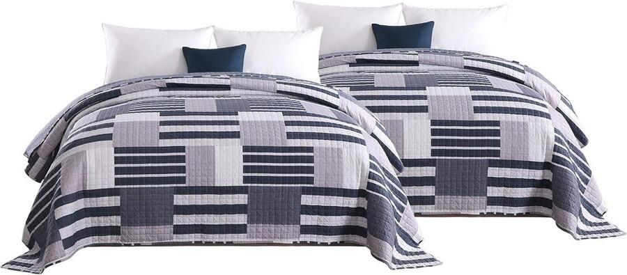 Omkeerbare Bedsprei voor Tweepersoonsbed 240x260cm in Blauw en Wit Gewatteerde Patchwork Sprei