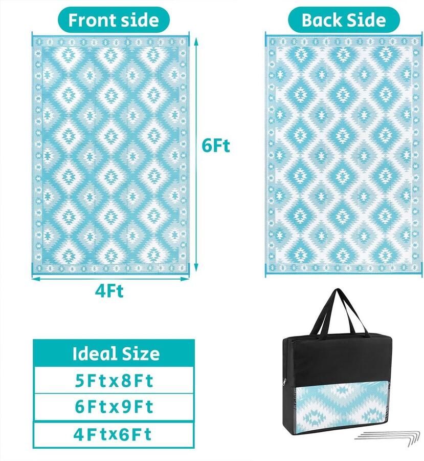 Omkeerbare buitentapijten 120 x 180 cm terrastapijten waterdicht plastic strotapijt UV-bestendig campingtapijt gerecycled tapijt voor terras balkon strand barbecue picknickdek