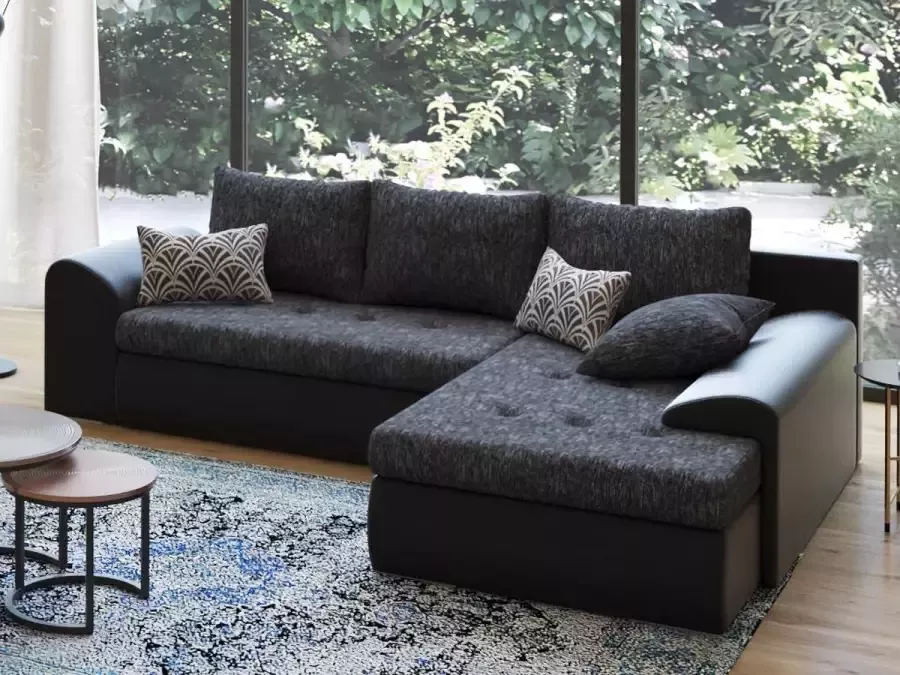 Omkeerbare en converteerbare hoekbank in gevlekt grijs en zwarte stof van kunstleer MISSISSIPPI II L 269 cm x H 85 cm x D 185 cm