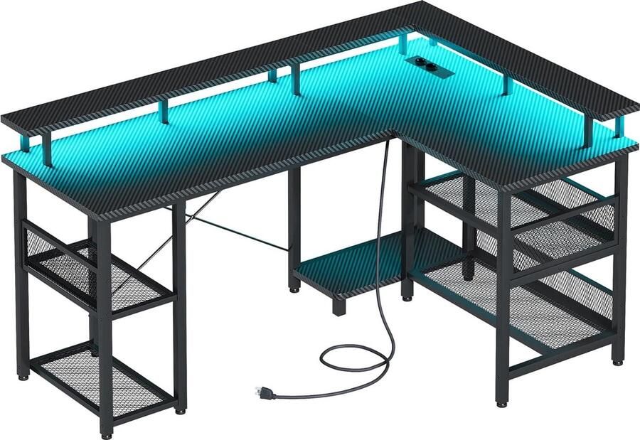 Omkeerbare gamingtafel met ledverlichting L-vormig bureau met stopcontacten en USB-oplaadpoorten