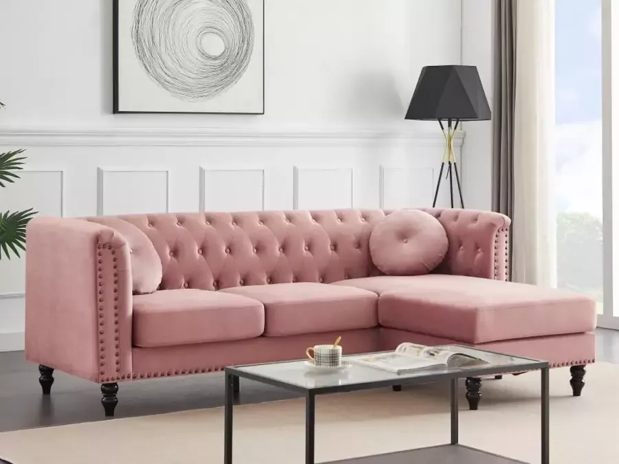 Vente-unique Omkeerbare hoekbank van oud roze velours TURNER L 222 cm x H 78 cm x D 144 cm