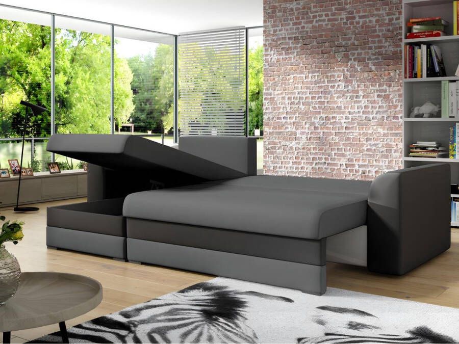 Omkeerbare hoekslaapbank GIANY van stof Antraciet en licht grijze banden L 243 cm x H 89 cm x D 137 cm