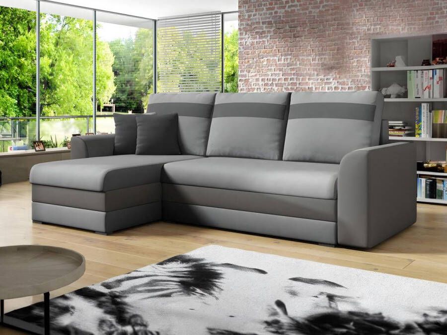 Omkeerbare hoekslaapbank GIANY van stof en kunstleer Licht grijs en banden antraciet L 243 cm x H 89 cm x D 137 cm