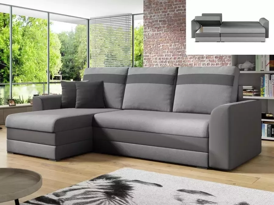 Omkeerbare hoekslaapbank GIANY van stof en kunstleer Licht grijs en banden antraciet L 243 cm x H 89 cm x D 137 cm - Foto 5