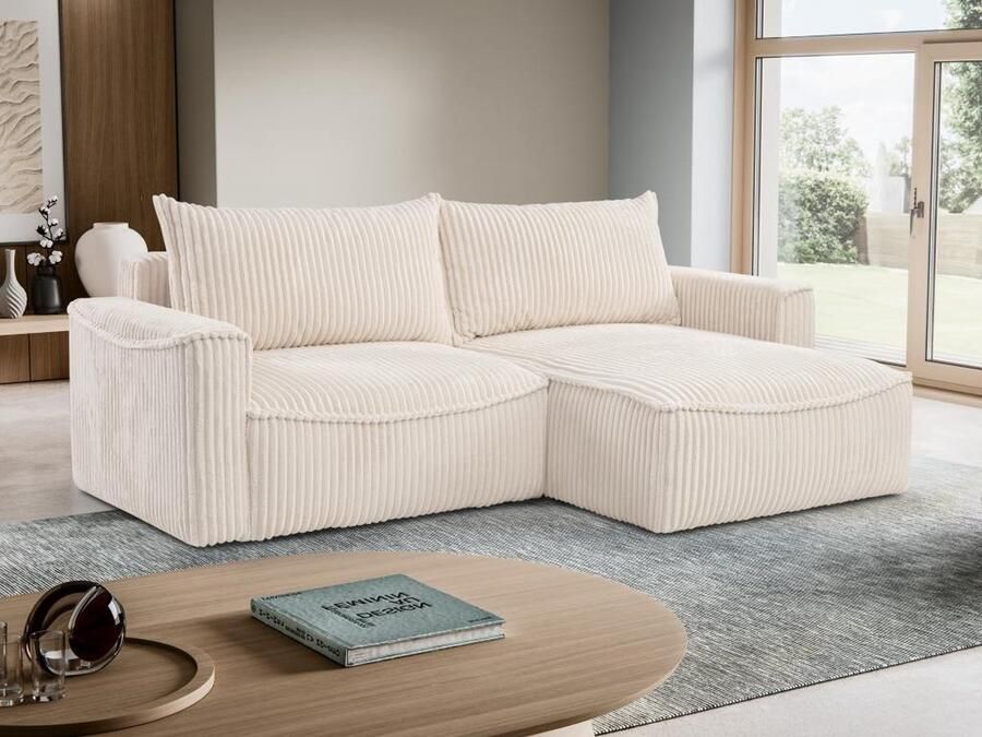 Vente-unique Omkeerbare hoekslaapbank van beige ribfluweel met brede ribbels ASTURIO L 242 cm x H 76 cm x D 160 cm