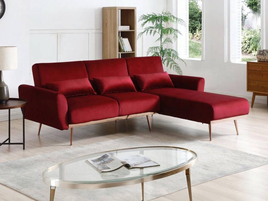Vente-unique Omkeerbare hoekslaapbank van bordeauxrood velours LAUNEI L 221 cm x H 84 cm x D 163 cm