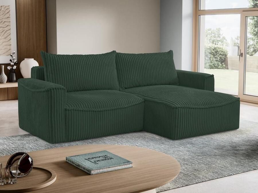 Vente-unique Omkeerbare hoekslaapbank van groen ribfluweel met brede ribbels ASTURIO L 242 cm x H 76 cm x D 160 cm
