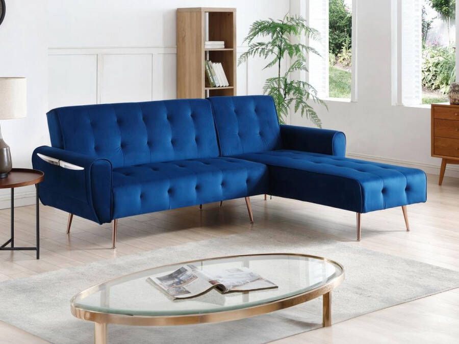 Vente-unique Omkeerbare hoekslaapbank van nachtblauw velours POLANI L 222 cm x H 84 cm x D 164 cm