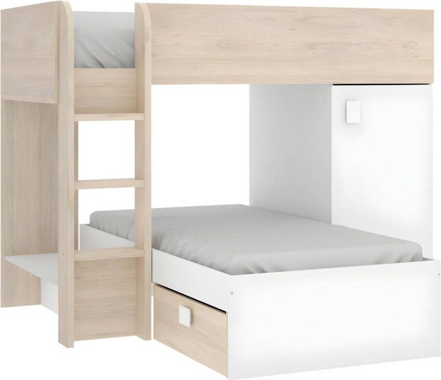 Vente-unique Omkeerbare hoekstapelbed RICARDO 2 x 90x190cm opbergruimte Eiken en Wit L 255 cm x H 150 cm x D 111 cm - Foto 2
