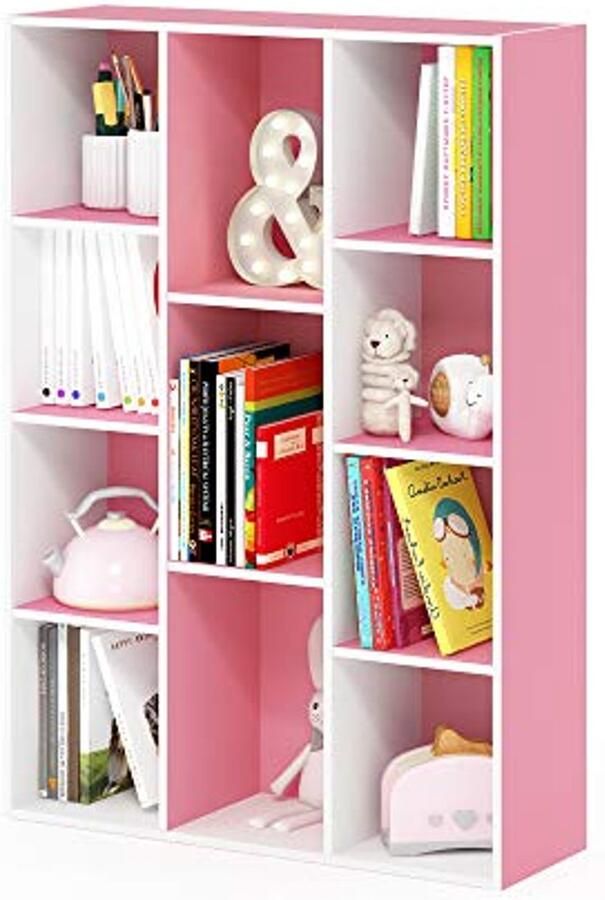 Omkeerbare Open Plank Boekenkast met 11 Cubes in Wit Roze Ruimtebesparend en Multifunctioneel