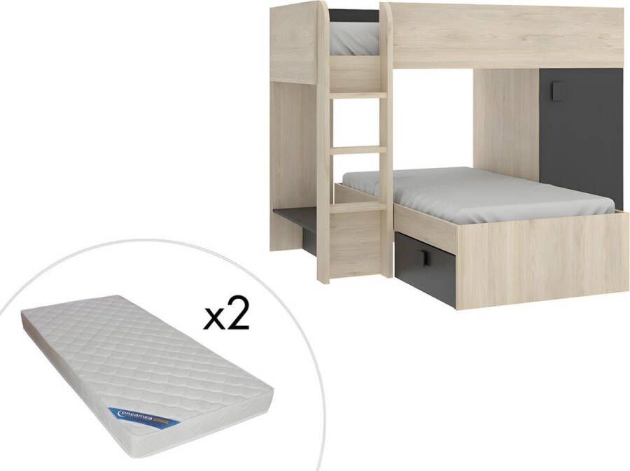 Vente-unique Omkeerbare hoekstapelbed RICARDO 2 x 90x190cm opbergruimte Grijs en Antraciet + matras L 255 cm x H 150 cm x D 111 cm