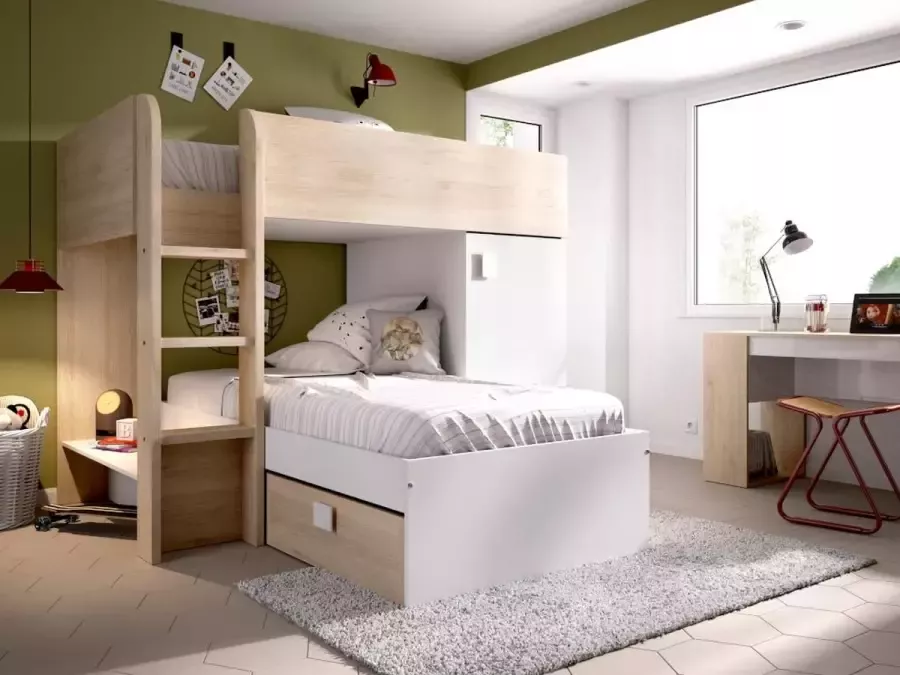 Vente-unique Omkeerbare hoekstapelbed RICARDO 2 x 90x190cm opbergruimte Eiken en Wit L 255 cm x H 150 cm x D 111 cm - Foto 3