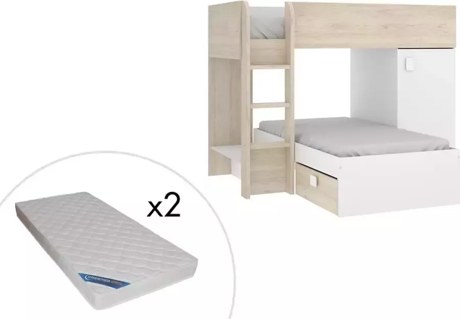 Vente-unique Omkeerbare hoekstapelbed RICARDO 2 x 90x190cm opbergruimte Grijs en Wit + matras L 255 cm x H 150 cm x D 111 cm - Foto 3