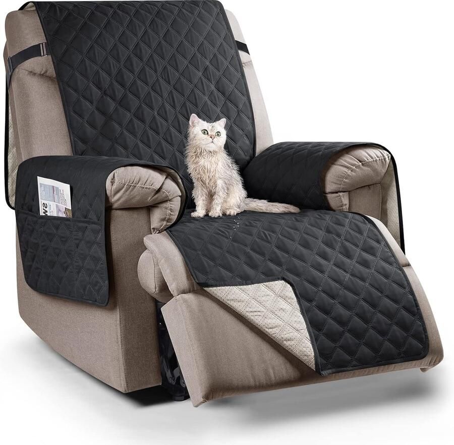 Omkeerbare stoelbeschermer relaxstoelkussen met armleuningen en zakken waterdichte bankovertrek met elastiek geschikt voor 56 cm brede televisiestoel ligstoel stoel (1 zits zwart)