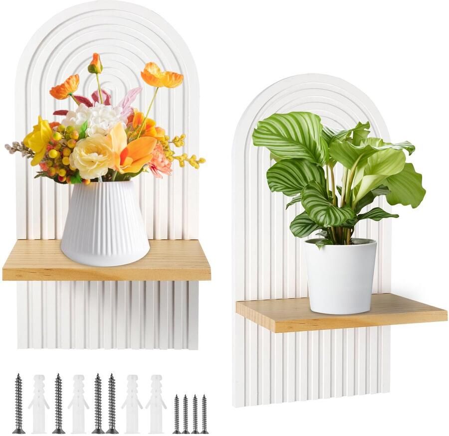 Omtofo 2-pack wandplank van hout Boho-wanddecoratie wandplank in wit Boho-regenbooghout decoratieve kinderkamerwanddecoratie voor kantoor badkamer woonkamer slaapkamer en keuken