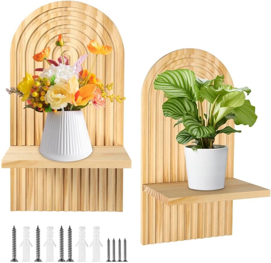 Omtofo 2 stuks wandplank hout boho wanddecoratie houten wanddecoratie kinderkamer wandplanken kleine plantenplank voor woonkamer slaapkamer (natuur)