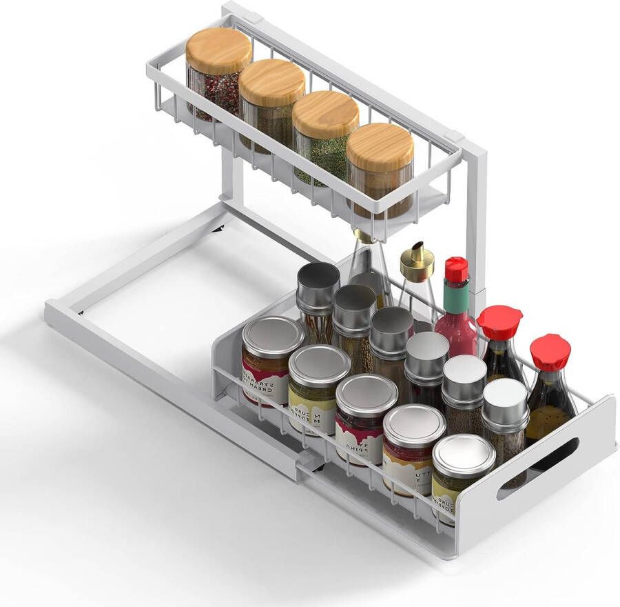 Onder 2 niveaus uittrekbaar spoelkastrek staal keukenkast-organizer met 5 antislip pads ondergootsteenorganizer ideaal voor badkamer en keukenwastafel (wit)