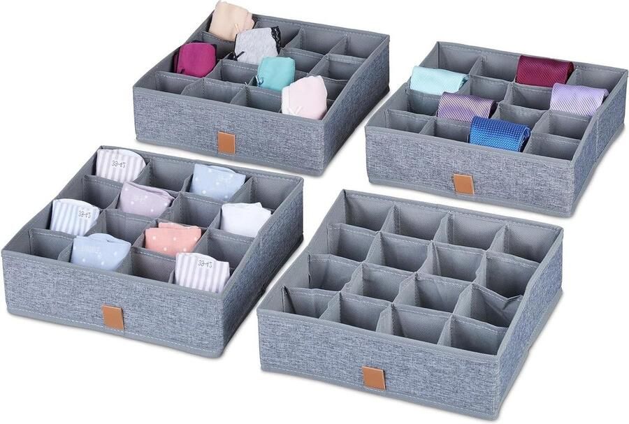 Ondergoed organizer set van 4 Stof voor sokken stropdassen & onderbroeken Grijs