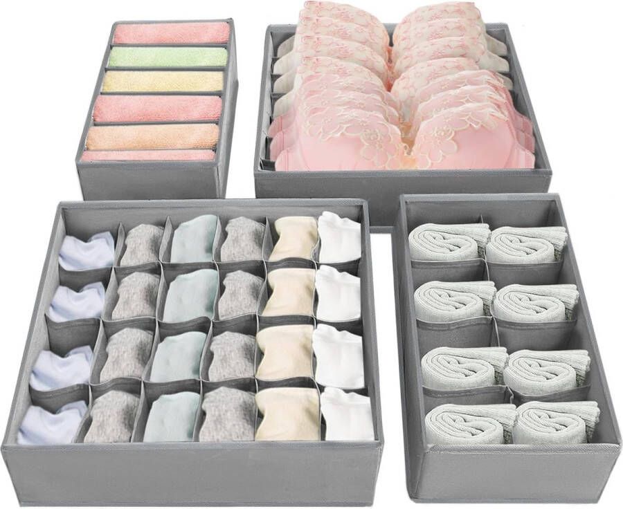 Ondergoedorganizer set van 4 opvouwbare kledingkastorganizer lade-opbergsysteem voor sokken stropdassen beha's en babykleding grijs