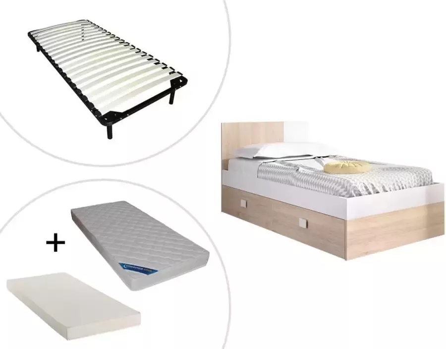 Vente-unique Uitrschuifbed met lattenbodem 2 x 90 x 190 cm Kleuren: eiken en wit + matras SONIA L 196 cm x H 79 cm x D 97 cm - Foto 3