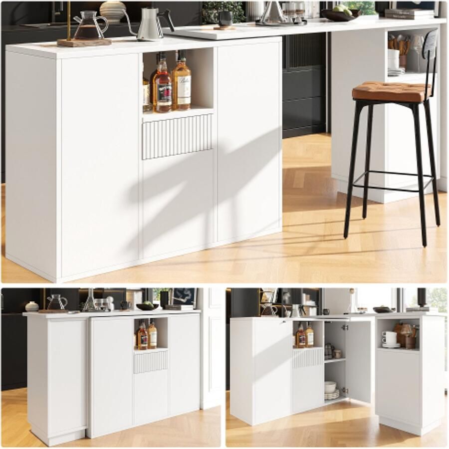 Merlooks Uitschuifbare bartafel met opbergruimte (133-202×70×93 5cm) met 2 lades en 2 vakken uitschuifbare kookeilandtafel voor 2-6 personen eetkeukenwagen met zijplanken wit