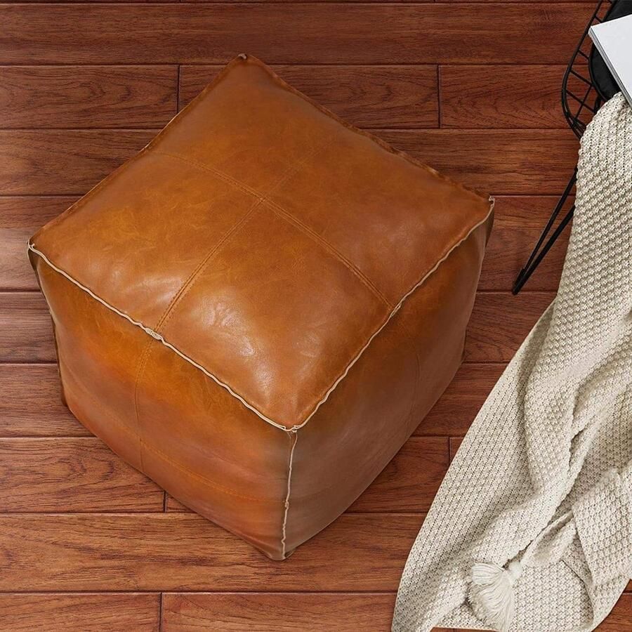 Ongevulde handgemaakte PU kunstlederen kussenhoes – Ottomaanse Rijkpoef vierkant zitzak stoel voetenbank (leeg en nieuw) (bruin)
