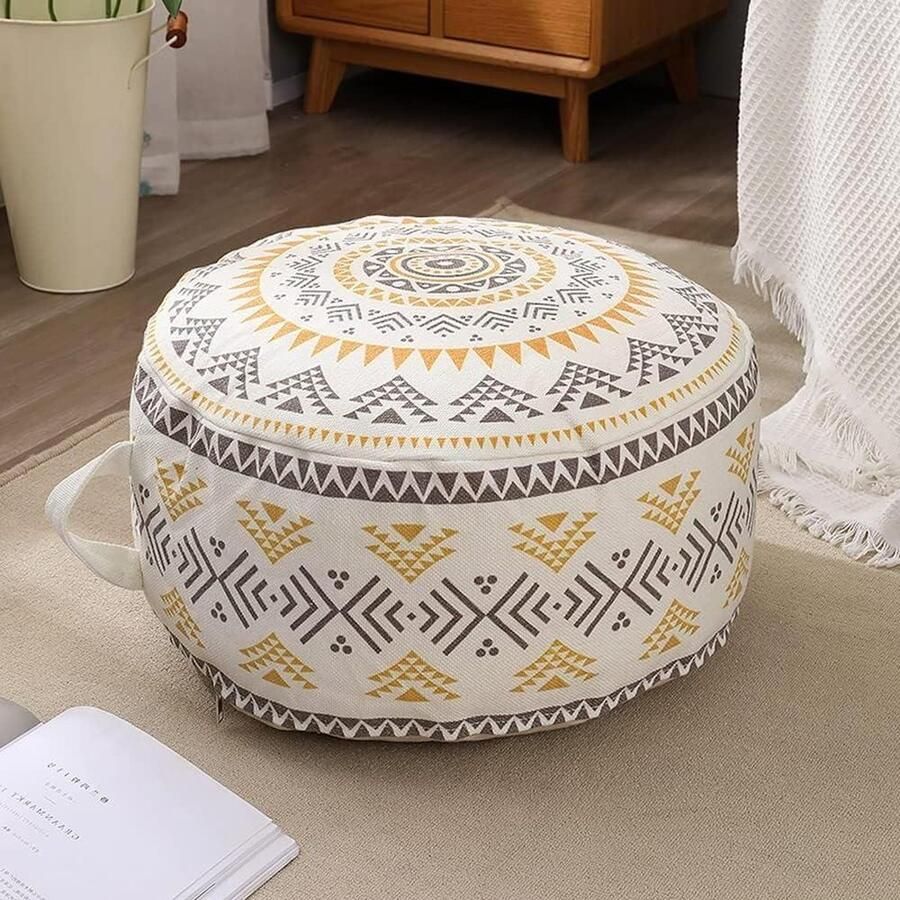 Ongevulde ronde poefhoezen met handvat Ottomaanse poef opbergbaar met rits zitzak woondecoratie voetenbank extra zitplaatsen woonkamer slaapkamer terras geel 45 x 45 x 20 cm