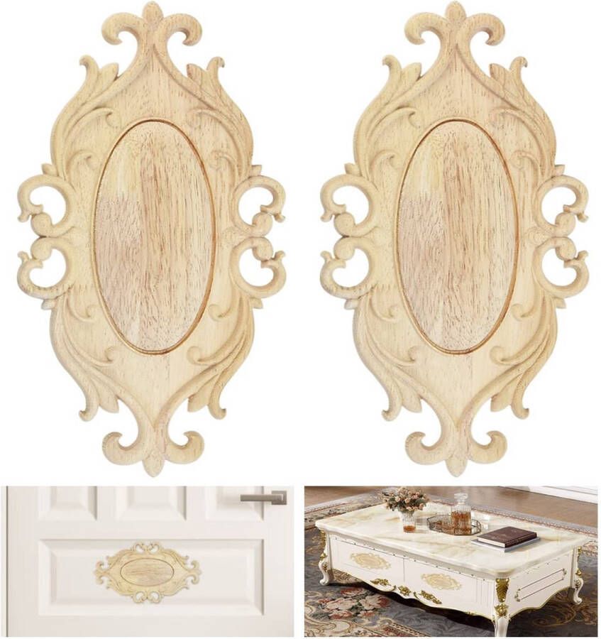 Onlay Appliques Onlay Houten versiering 2 stuks ongelakte meubels houten ornamenten ovale houten versiering snijwerk applicaties als decoratie voor muren deuren kasten ramen of spiegels
