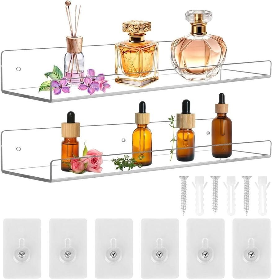 Onweerstaanbare zwevende wandplanken set van 2 transparant acryl voor boeken foto's en woondecoratie geschikt voor keuken badkamer kantoor en woonkamer geen boren nodig