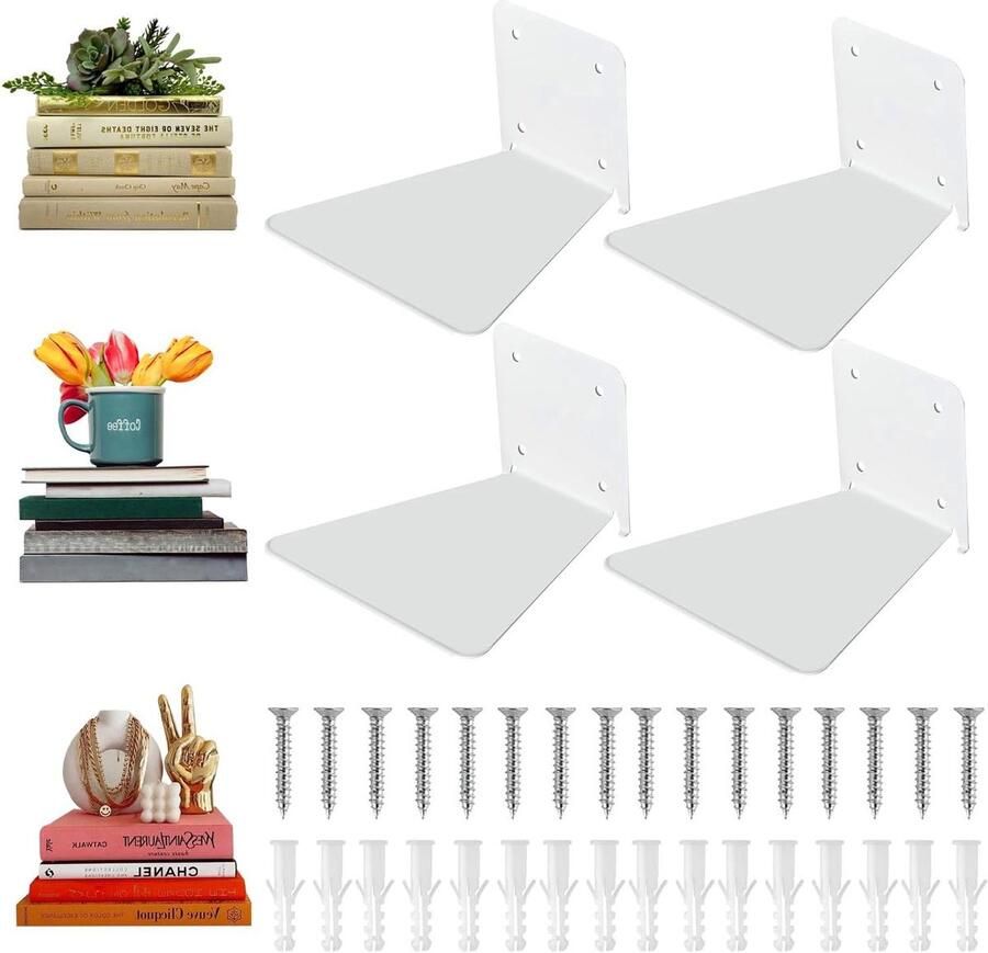 Onzichtbare boekenkast mini zwevende planken 4 stuks wit metaal