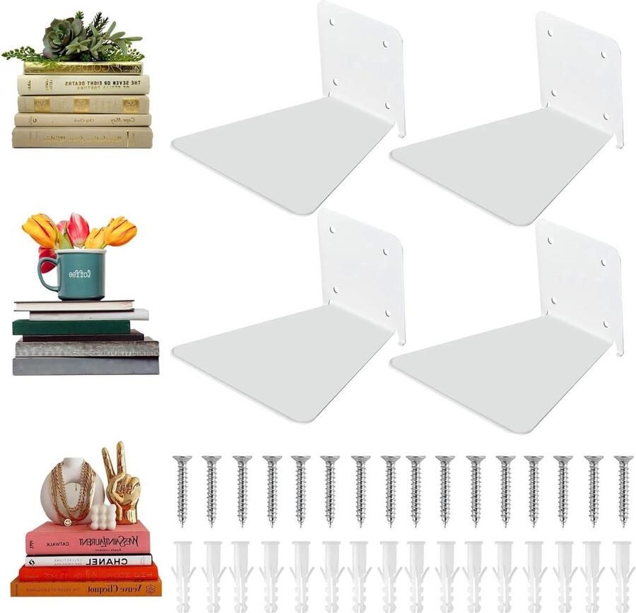 Onzichtbare boekenkast wandrek multifunctioneel 4 stuks wit metaal