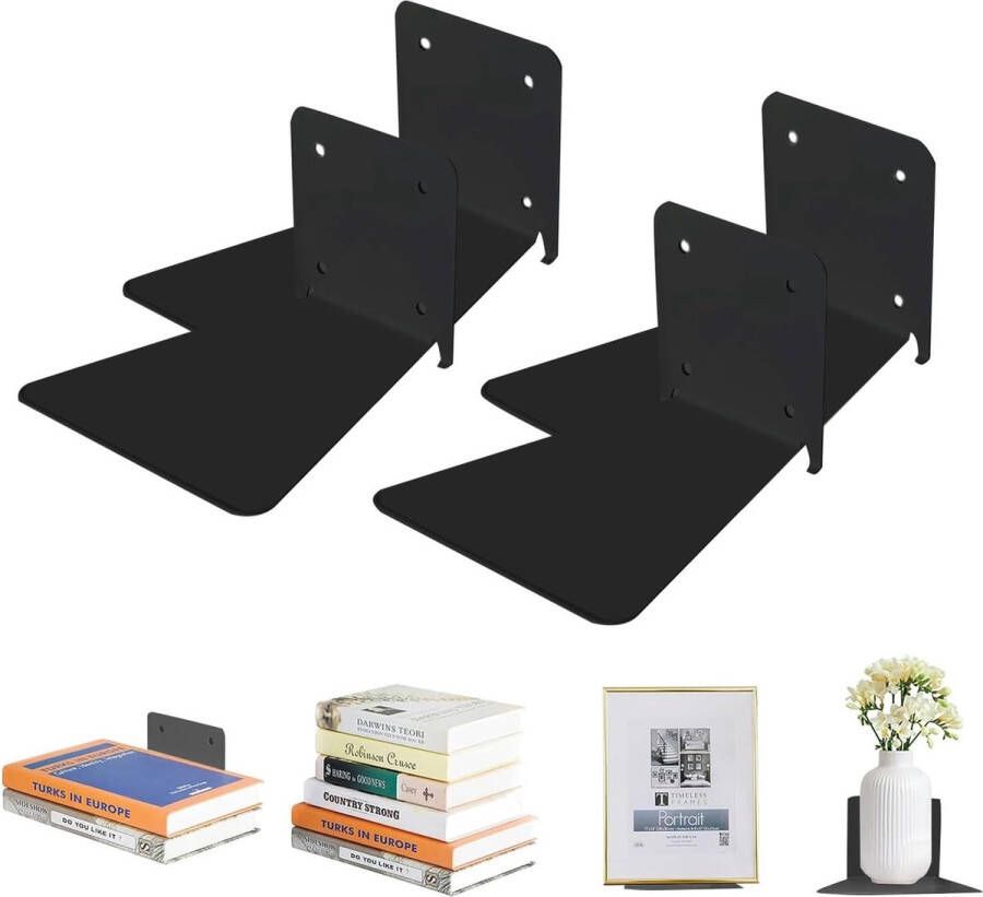 Onzichtbare boekenplank L-plank ijzer zwevende planken onzichtbare wandmontage boekenrekken multifunctionele wandrekken voor thuis kantoor klaslokaal bibliotheek (zwart 4 stuks)
