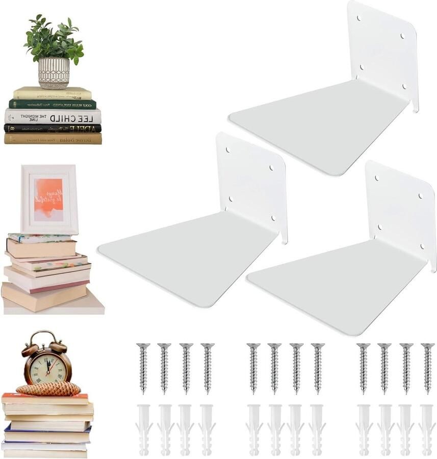 Onzichtbare metaal mini-zwevende boekenkast verborgen boorgemonteerde boekenplanken wandrek hangende boekenorganizer voor thuis kantoor keuken 3 stuks (wit)
