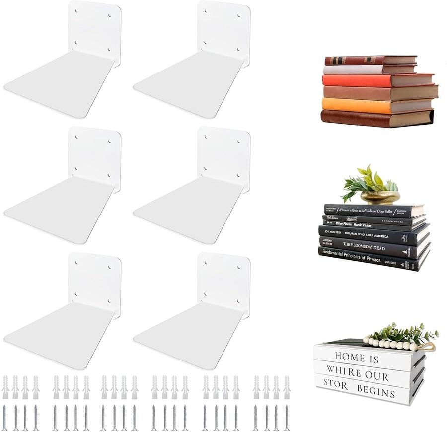 Onzichtbare zwevende boekenkast Minimalistisch wandrek Wit 6 stuks Metaal