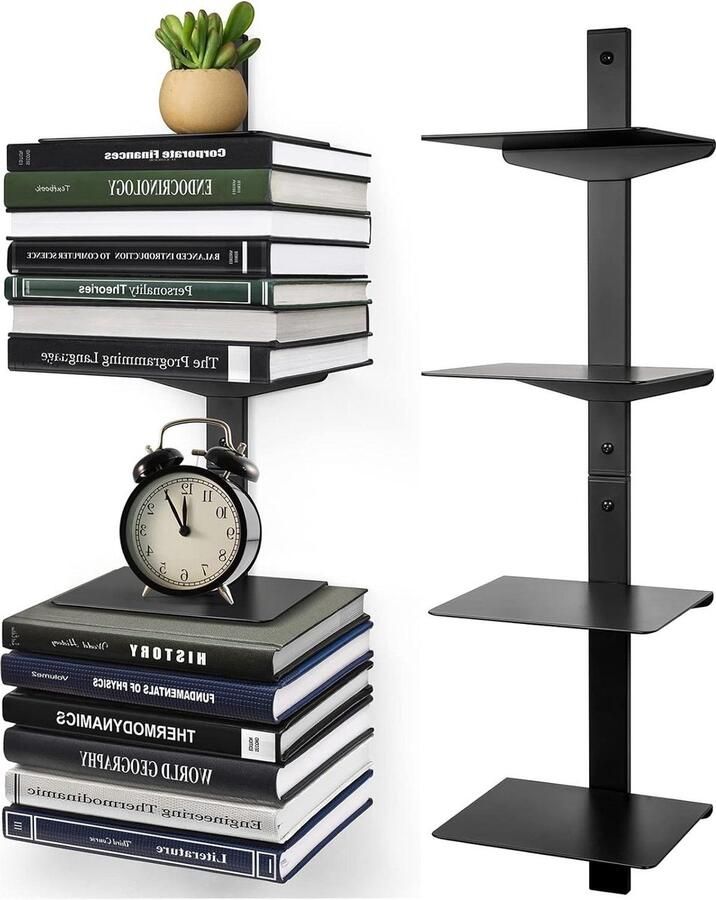 Onzichtbare zwevende boekenplank wandmontage 4-laags zwart ijzer