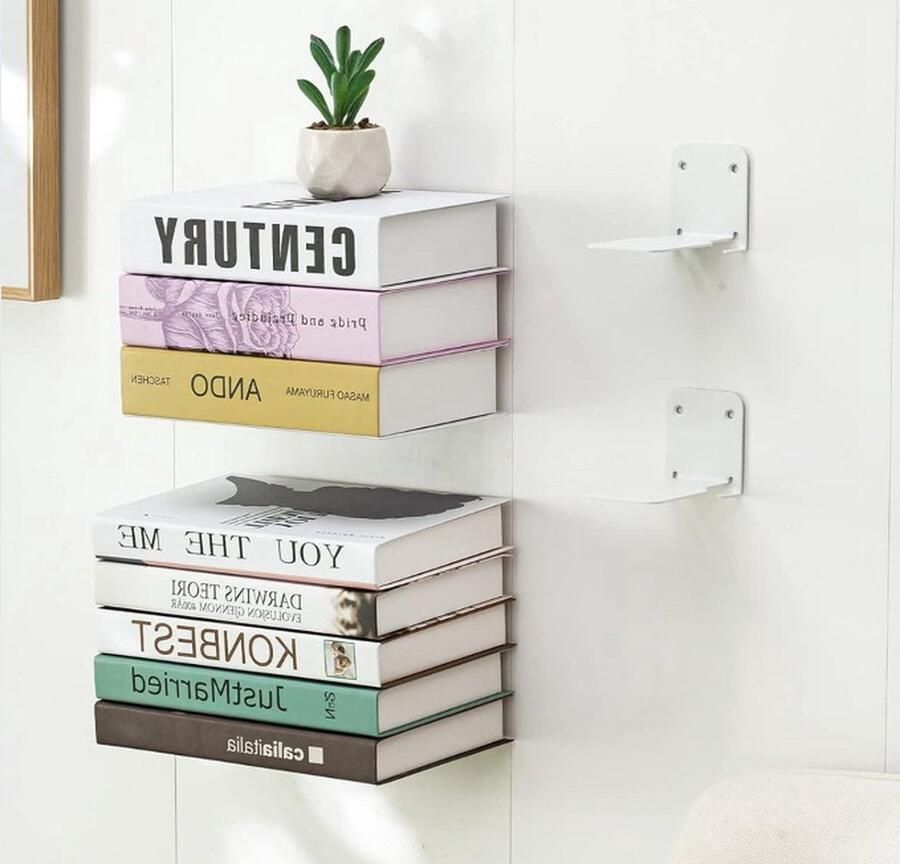 Onzichtbare Zwevende Boekenplanken Set van 4 Heavy-duty Metalen Boekenorganizers voor Slaapkamer (Wit) met Extra Opslag Beside shelf