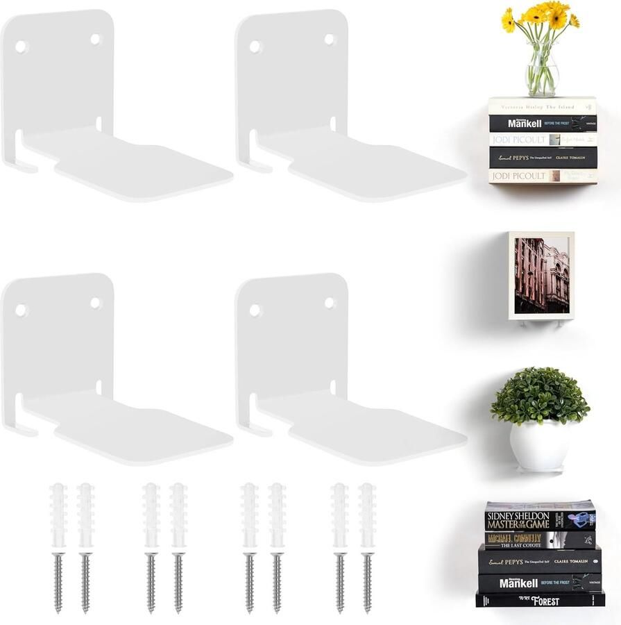 Onzichtbare Zwevende Boekenplanken Set van 4 Heavy-duty Metalen Boekenorganizers voor Slaapkamer (Wit) met Extra Opslag Beside shelf