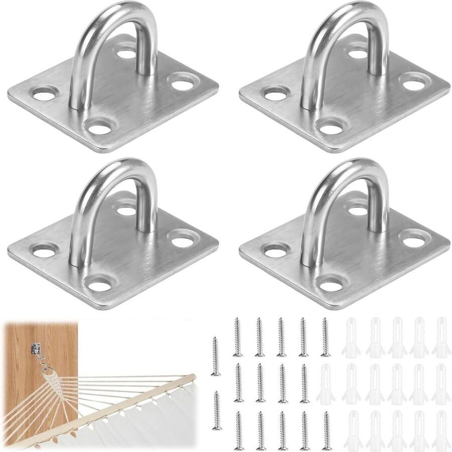 Oogplaten 46mm x 37mm 4 stuks zilver roestvrij staal 304 oogplaatset voor plafondbekleding U-haken voor wandhaken netten touwen hangmatten