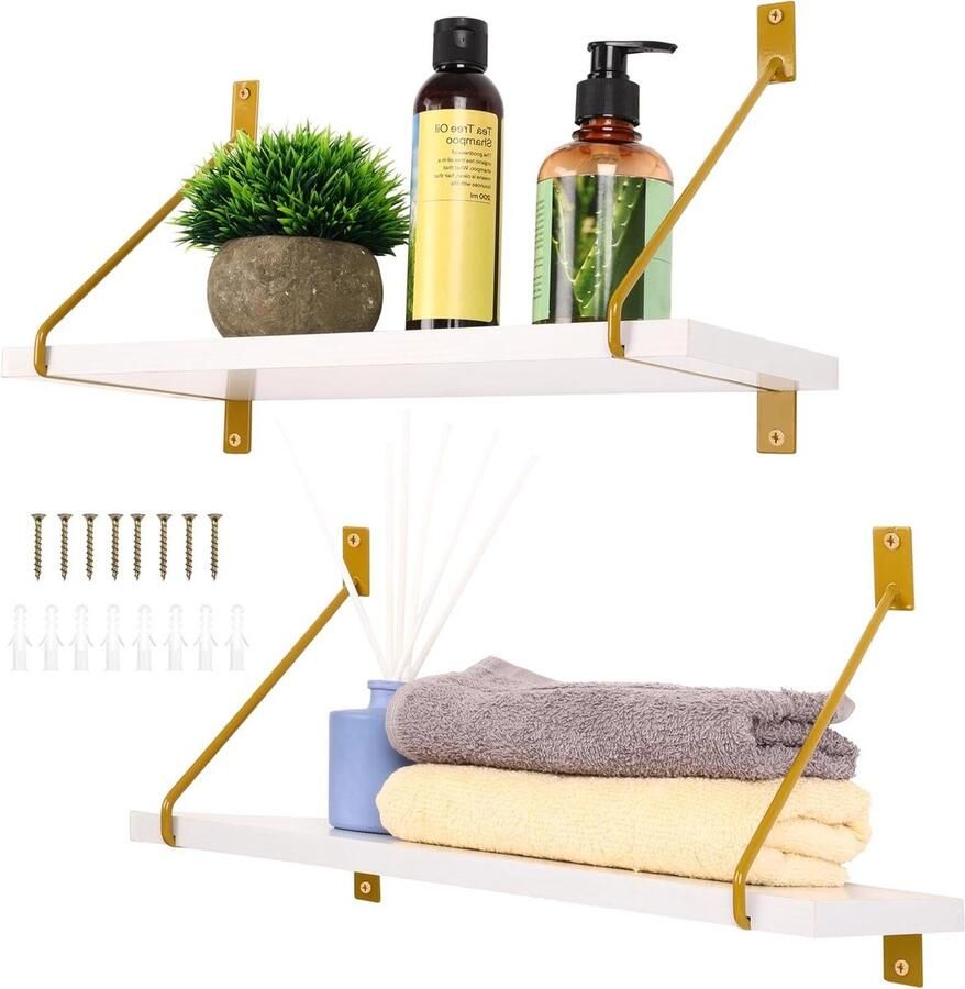 2 Pack White Floating Wooden Wall Shelves 40cm 15.7 Inches Decorative Storage Shelves Modern Wall-Mounted Shelf Set for Home Bathroom Living Room Bedroom Kitchen Office bathroom shelf wood