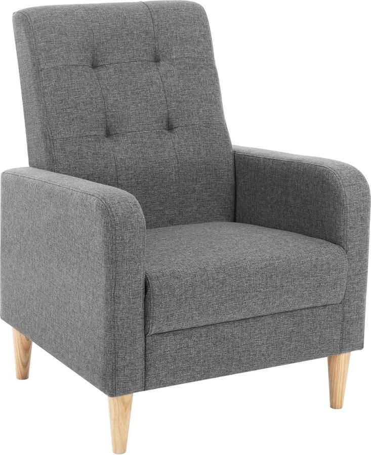 Oorfauteuil relaxstoel met armleuningen massief houten poten getufte gestoffeerde stoel loungestoel modern stoel voor slaapkamer woonkamer balkon linnen overtrek donkergrijs