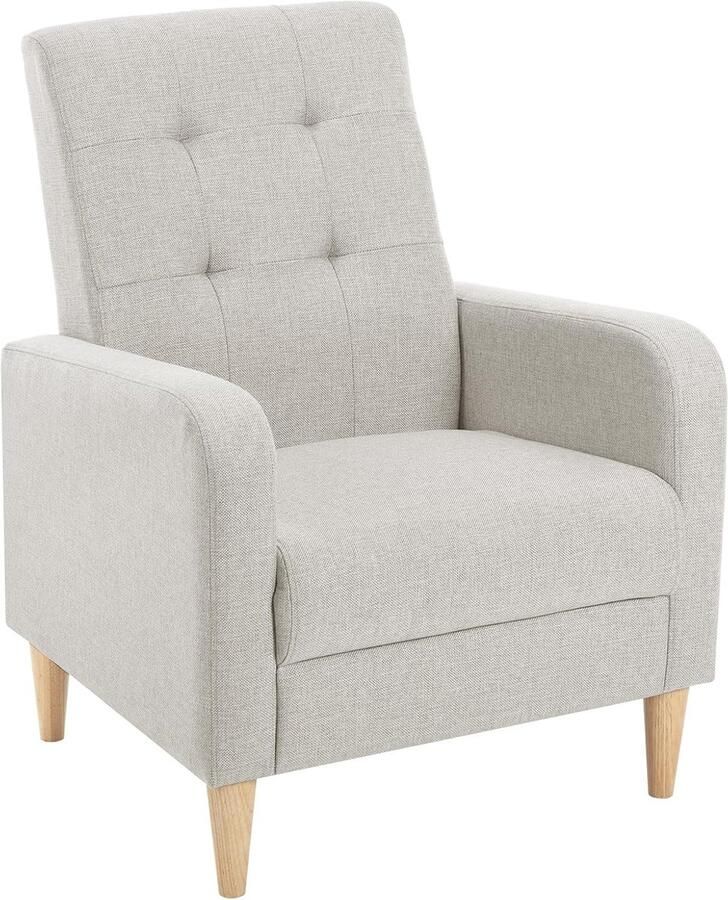 Oorfauteuil relaxstoel met armleuningen massief houten poten getufte gestoffeerde stoel loungestoel modern stoel voor slaapkamer woonkamer balkon linnen hoes lichtgrijs