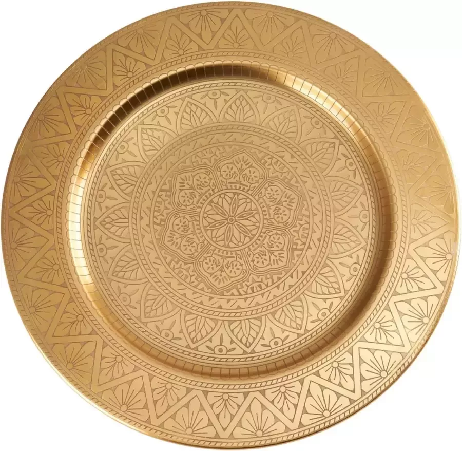 Oosters rond dienblad van metaal Manar 35 cm Marokkaans theeblad in goud oosters goud dienblad oosterse decoratie op de gedekte tafel