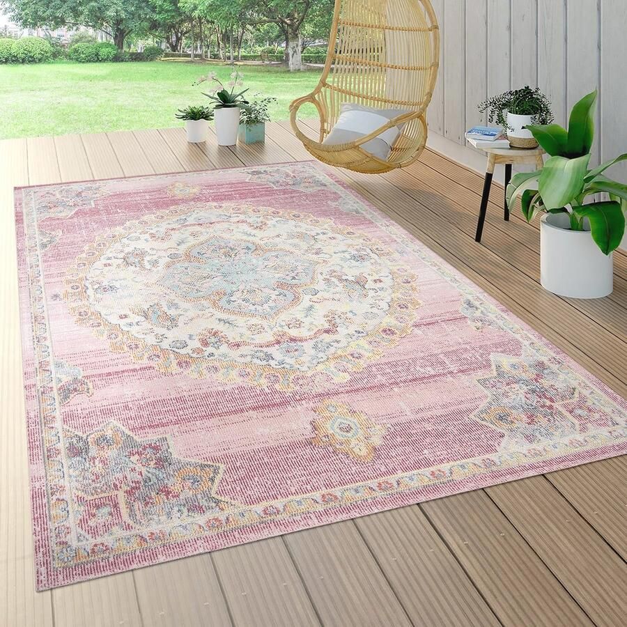 Oosters Vloerkleed Tapijt voor Binnen en Buiten 60x100 cm Roze Blauw en Beige