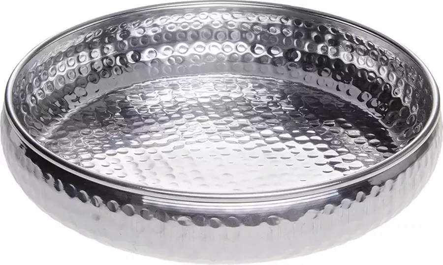 Oosterse ronde schaal van metaal Fidan 34 cm groot zilver Orient decoratieve schaal met hoge rand Marokkaans dienblad rond Oosterse zilveren decoratie op de gedekte tafel