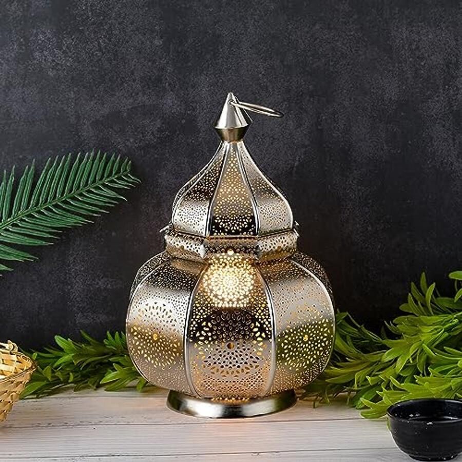 Oosterse Tafellamp en Lantaarn van Metaal – Handgemaakt 30 cm – Zilver