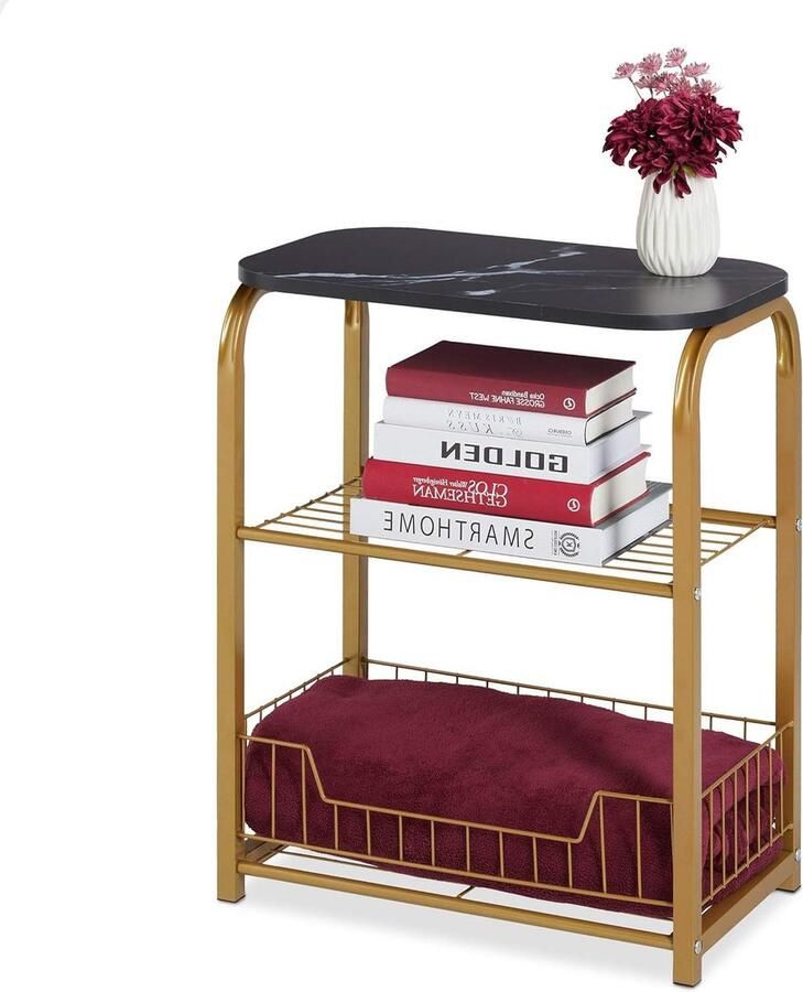 Bijzettafel met opbergruimte en tafeltje marmer en draadmand metaal tijdschriften HxBxD: 62x50x30 cm zwart-goud