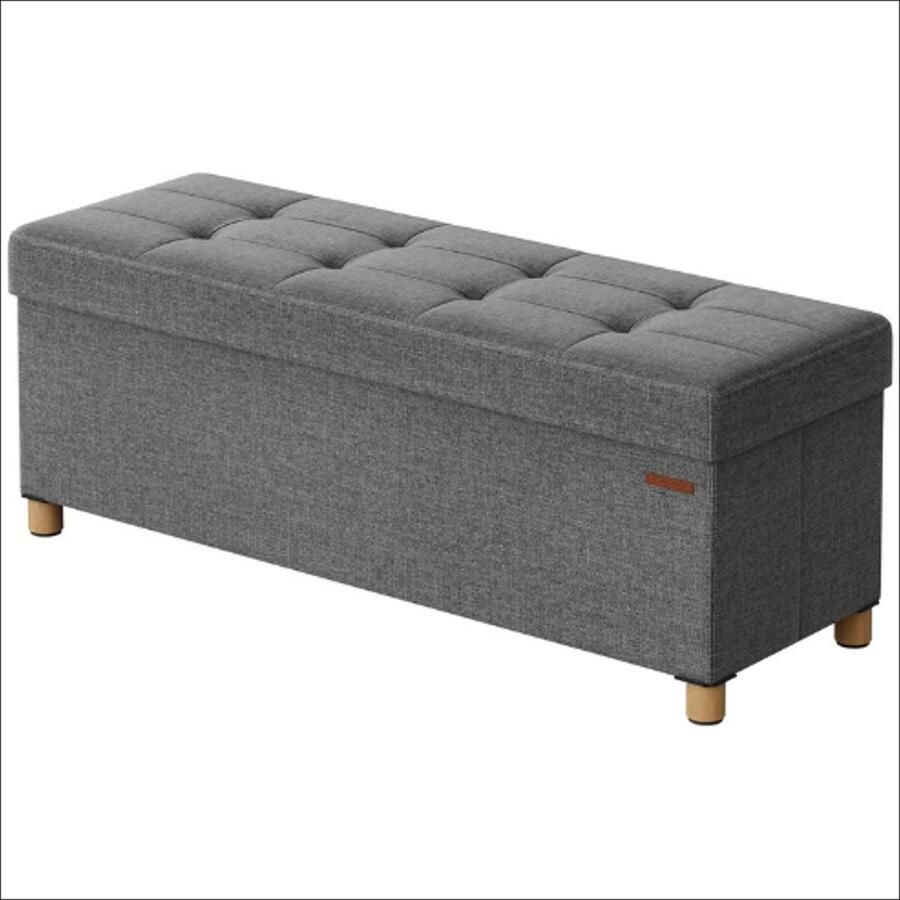 Opbergbank Kruk 76 cm Breed Met Opbergruimte 80L Opvouwbaar Draagvermogen 300 kg Gestoffeerde Zitting Voetenbank Kunstlinnen Bekleding Donkergrijs