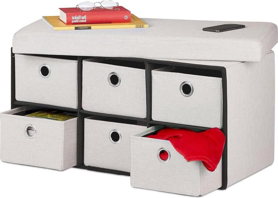 Opbergbank met 6 lades Comfortabel en Ruimtebesparend 1 stuk Crème H39 x B76 x D38 cm